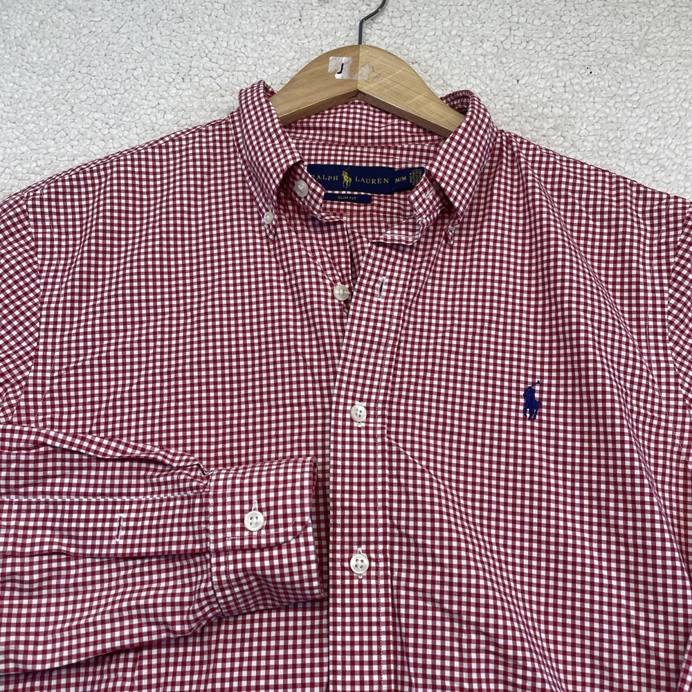 Ralph Lauren Button Down Mens M Red Gingham Slim Fit Long Sleeve Shirt 1150